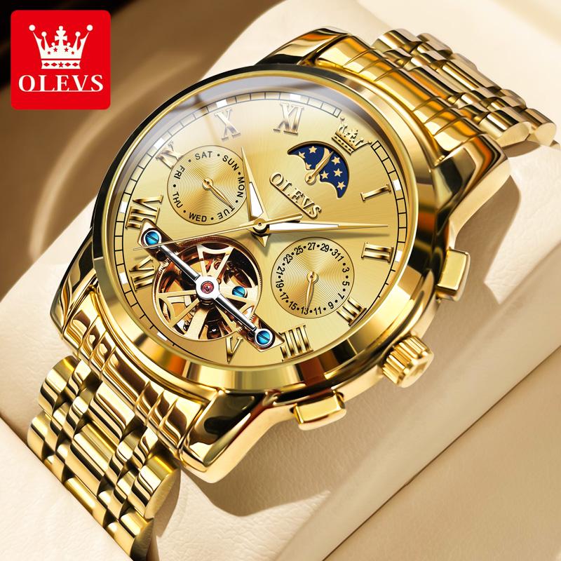 Leather Watch Strap - OLEVS 6617 Klassische mechanische Herrenuhr, wasserdicht,