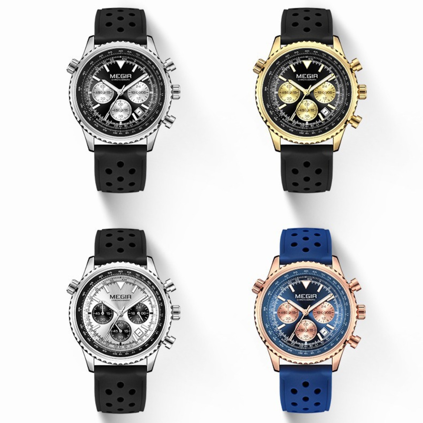 Leather Watch Strap - MEGIR Silber-Schwarze Quarzuhr für Herren, Militär-Sport-Chronograph-Armbanduhr