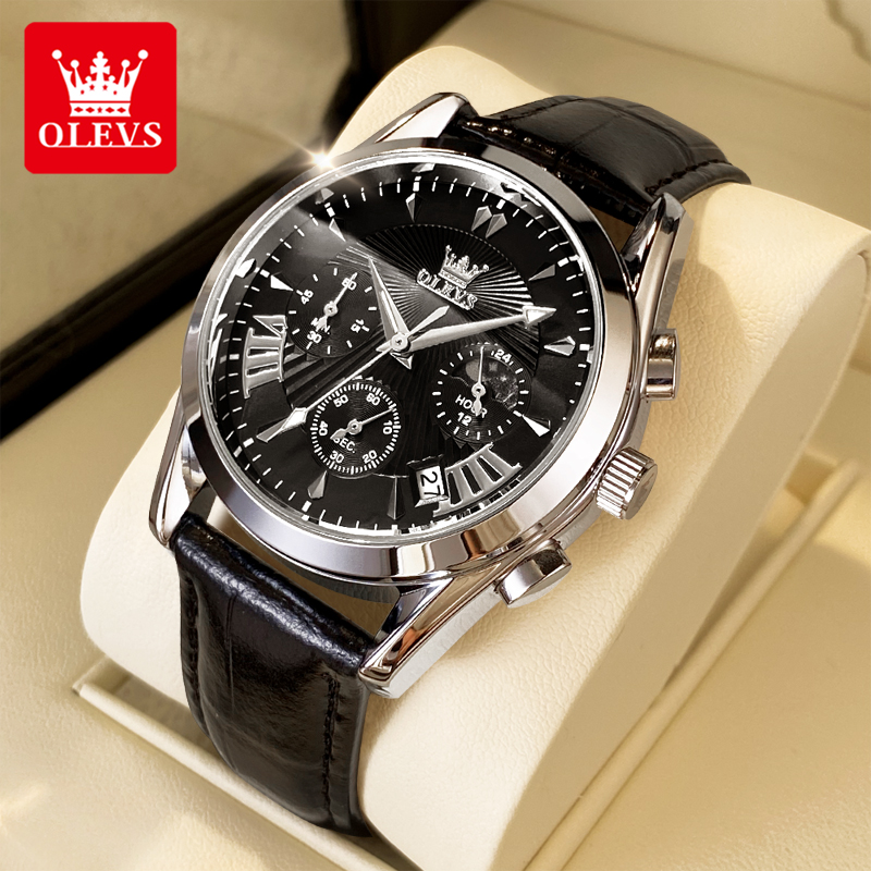 Leather Watch Strap - OLEVS lässige Mode Herrenuhren Mondphase Chronograph